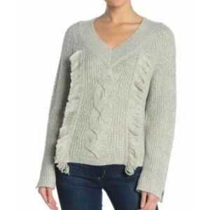 Abound Gray V Neck Fringe Cable tight Knit long sleeve Sweater womens XXL NWT